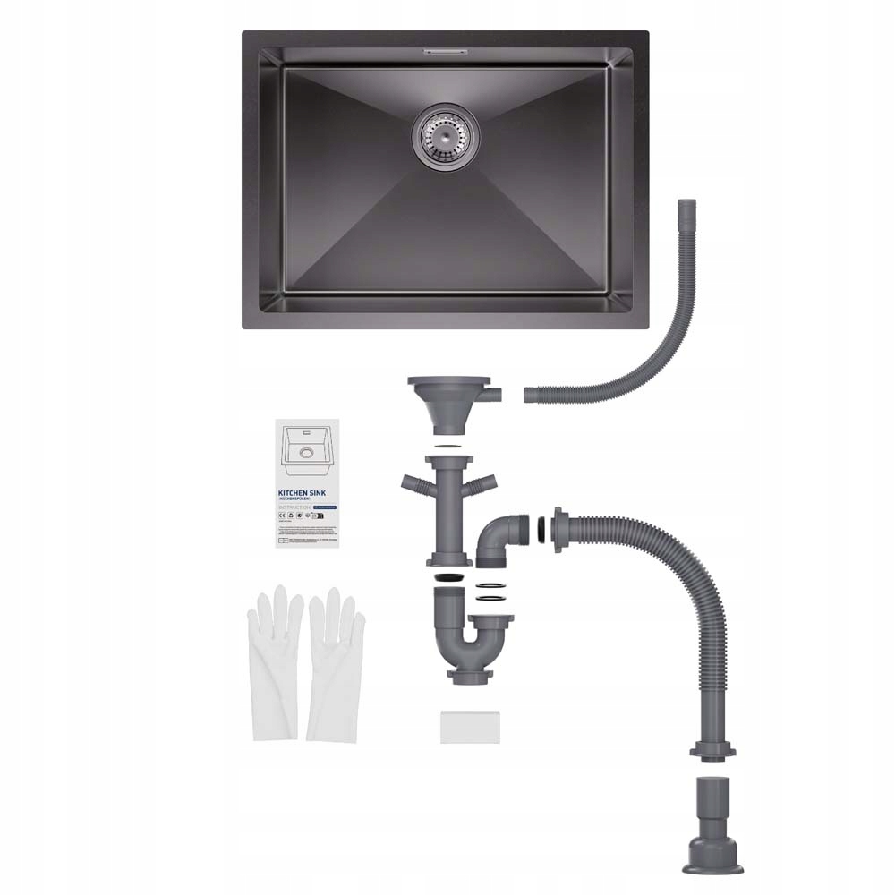 Zlewozmywak Jednokomorowy Stalowy 60x44CM z Koszyk i Syfon, Czarny Marka Cecipa