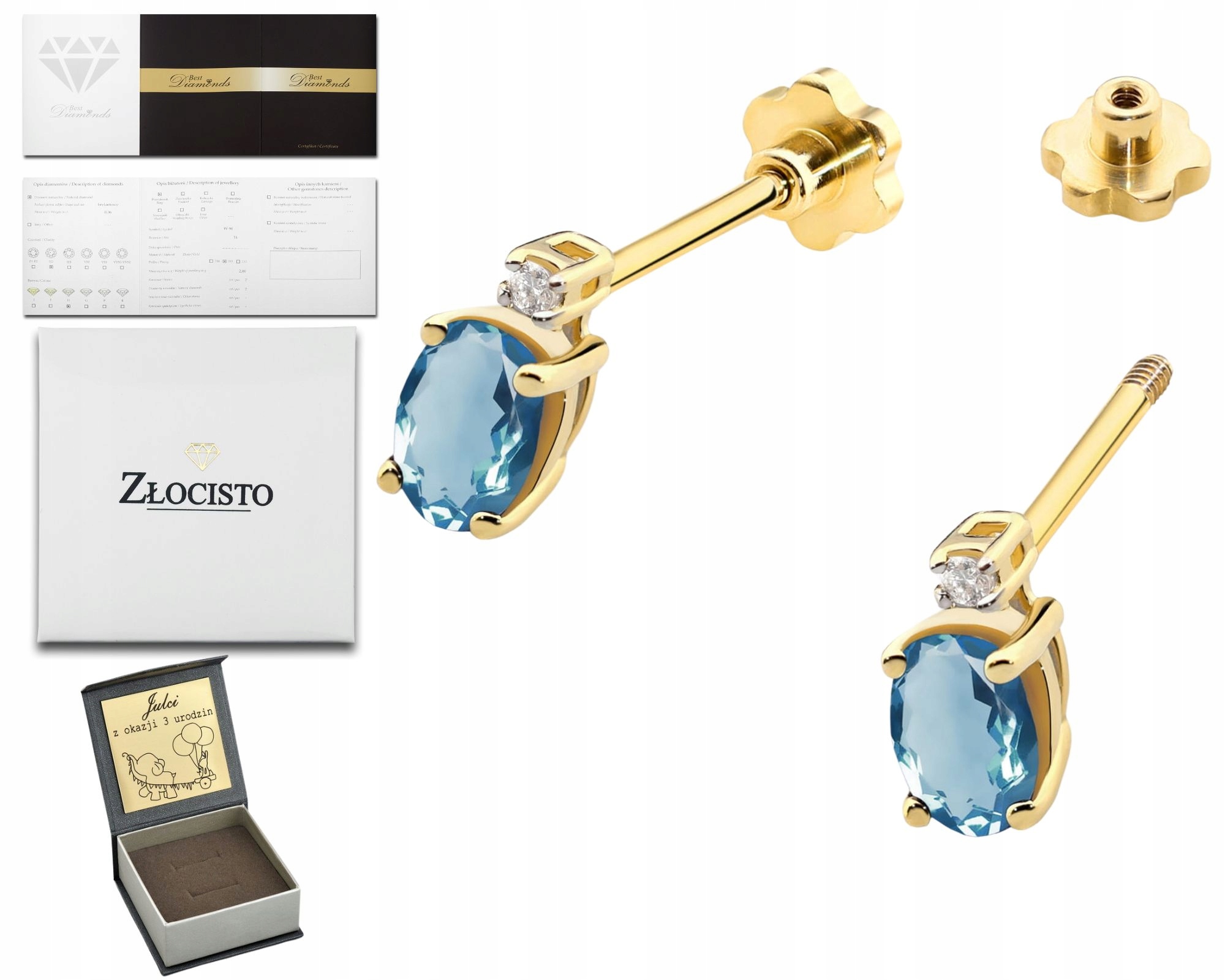 Zlaté Náušnice Přírodní Kámen Topaz London Modrý Diamanty Šroubovací Tyčinka