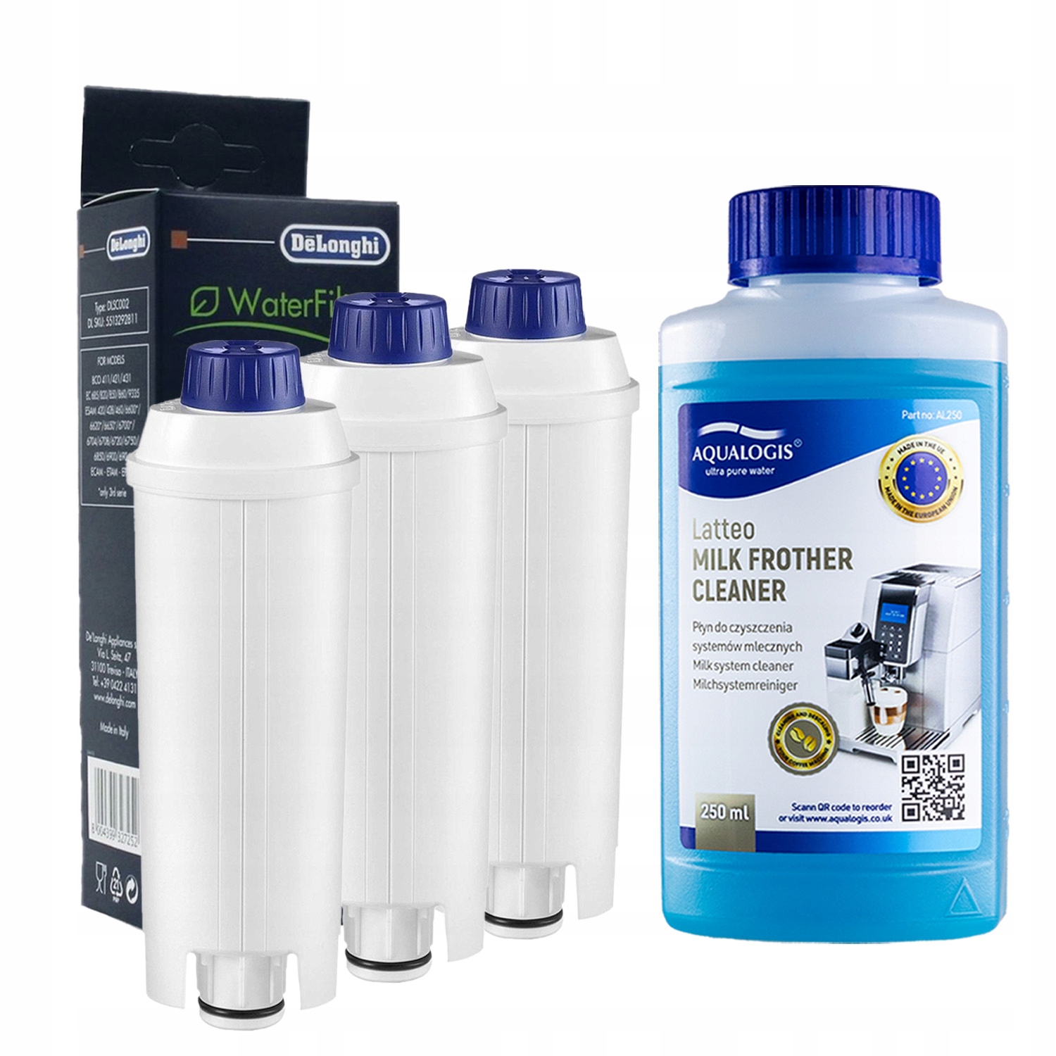 3x Filtr vody DLSC002 pro kávovar Delonghi čisticí kapalina Latteo 250 ml