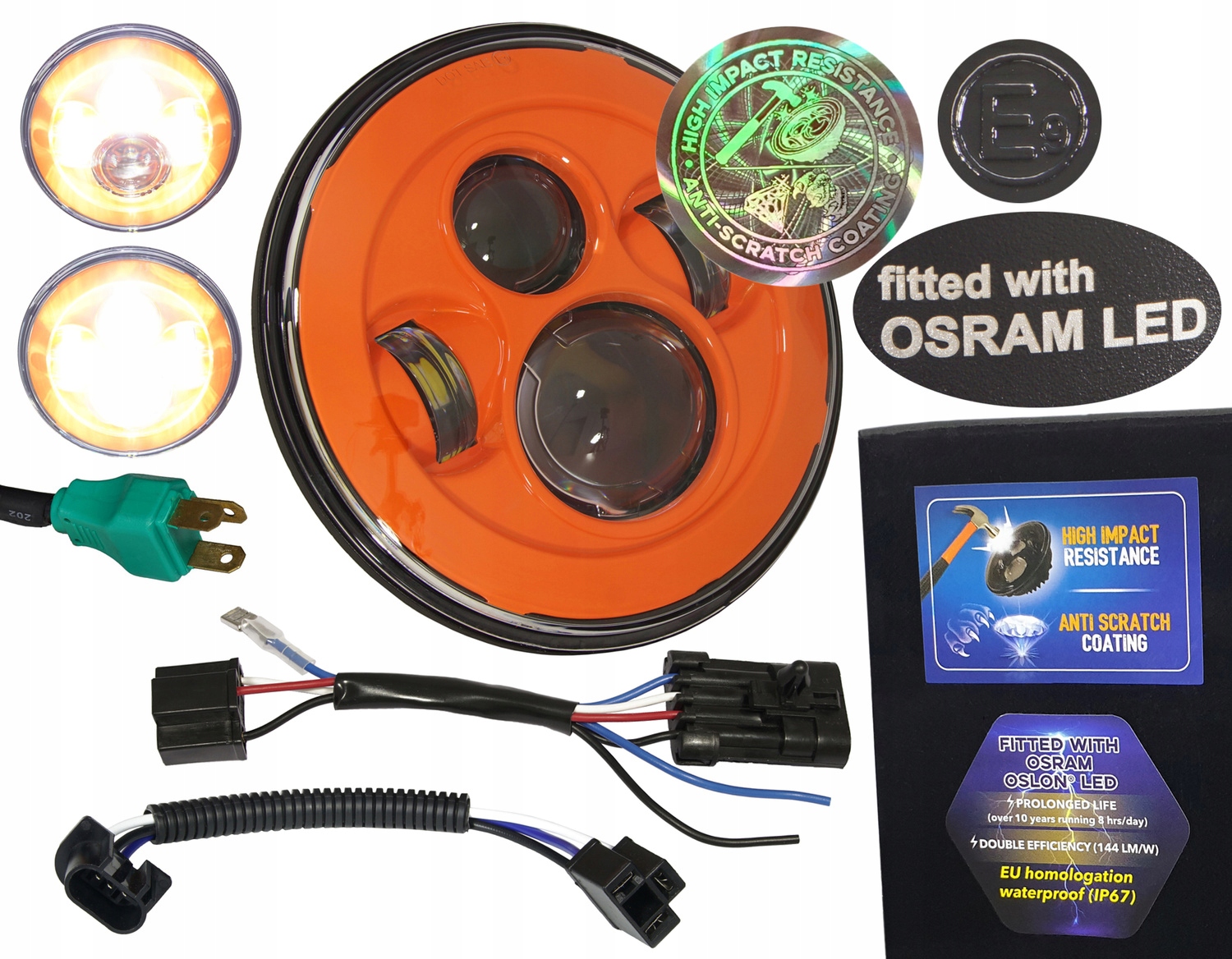 7-palcová Led lampa Osram 144 lm/W Anti-Scratch E, predná homologácia pre Harley