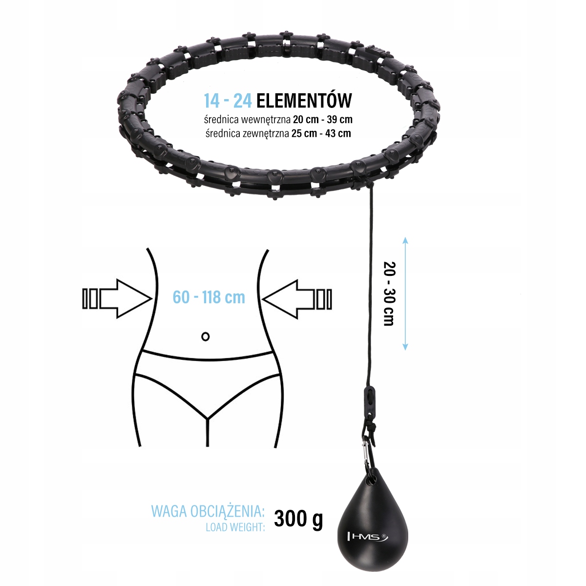 ZESTAW HULA HOP HHW02 Z WYPUSTKAMI I OBCIĄŻNIKIEM HMS + PAS BR163 PLUS SIZE Marka HMS