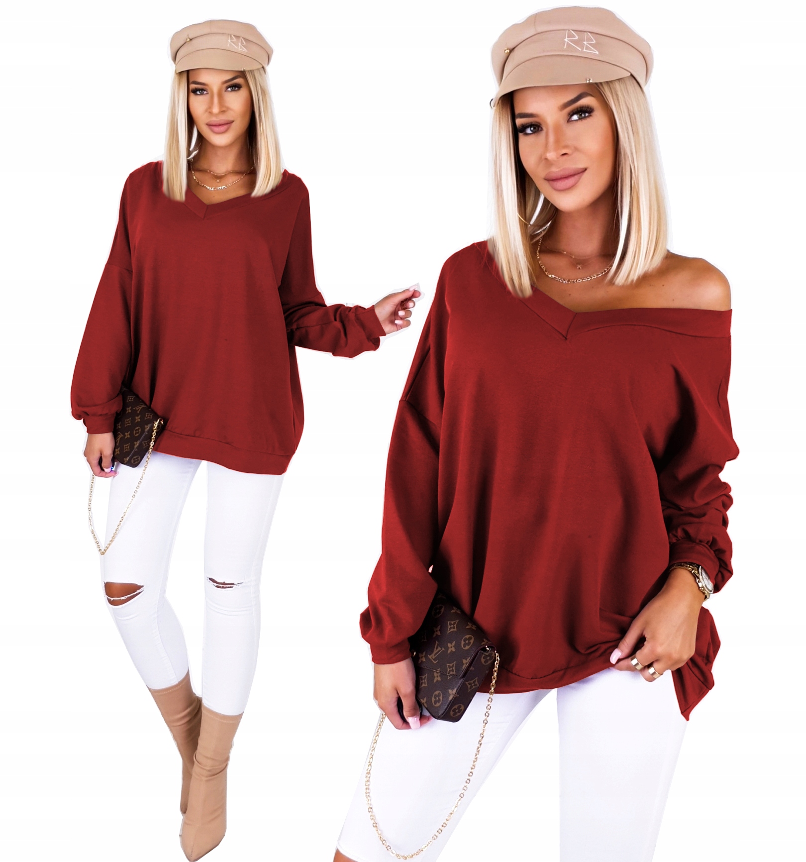 

Kobieca Luźna Bluza Oversize V-neck Szpic Kolory