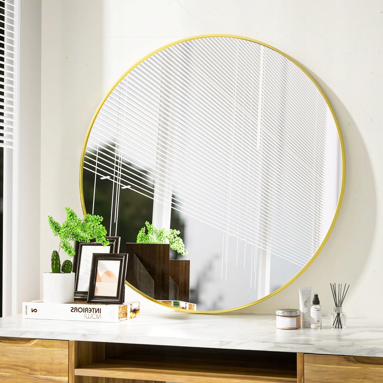 Okrúhle zrkadlo Koonmi 80 cm, zlaté zrkadlo, okrúhle nástenné zrkadlo s rá