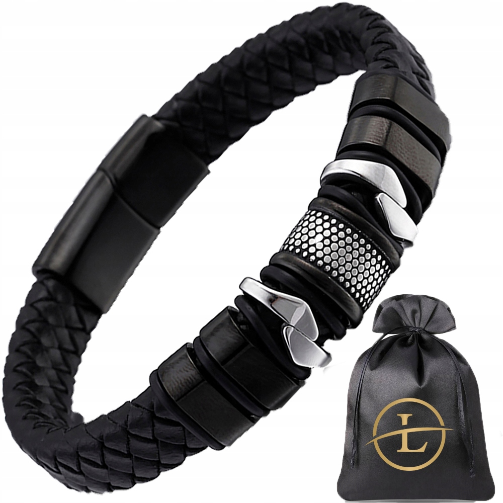 

Czarna Skórzana Bransoletka Męska Stal