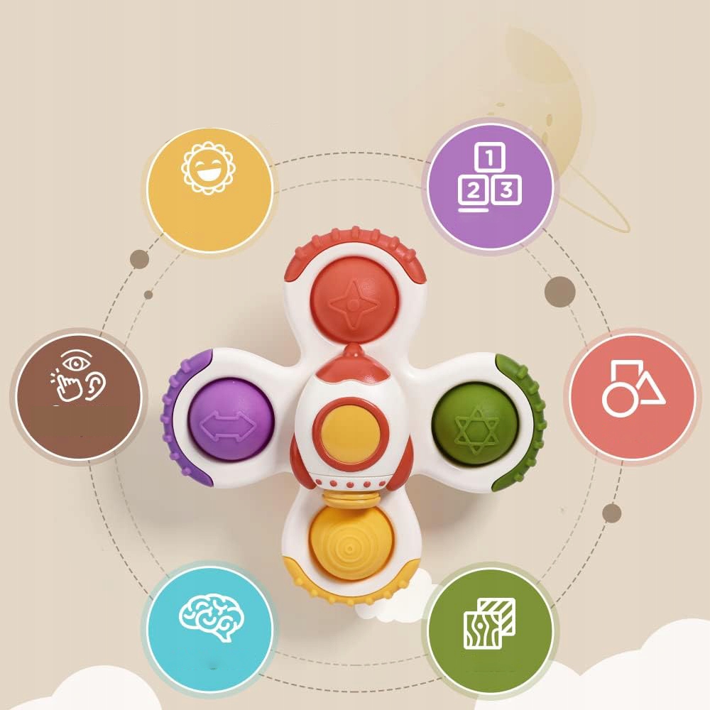 ZESTAW KOSMICZNYCH SPINNERÓW WIRUJĄCE GRZECHOTKI Z PRZYSSAWKĄ 3SZT GRYZAK Minimalny wiek dziecka 2