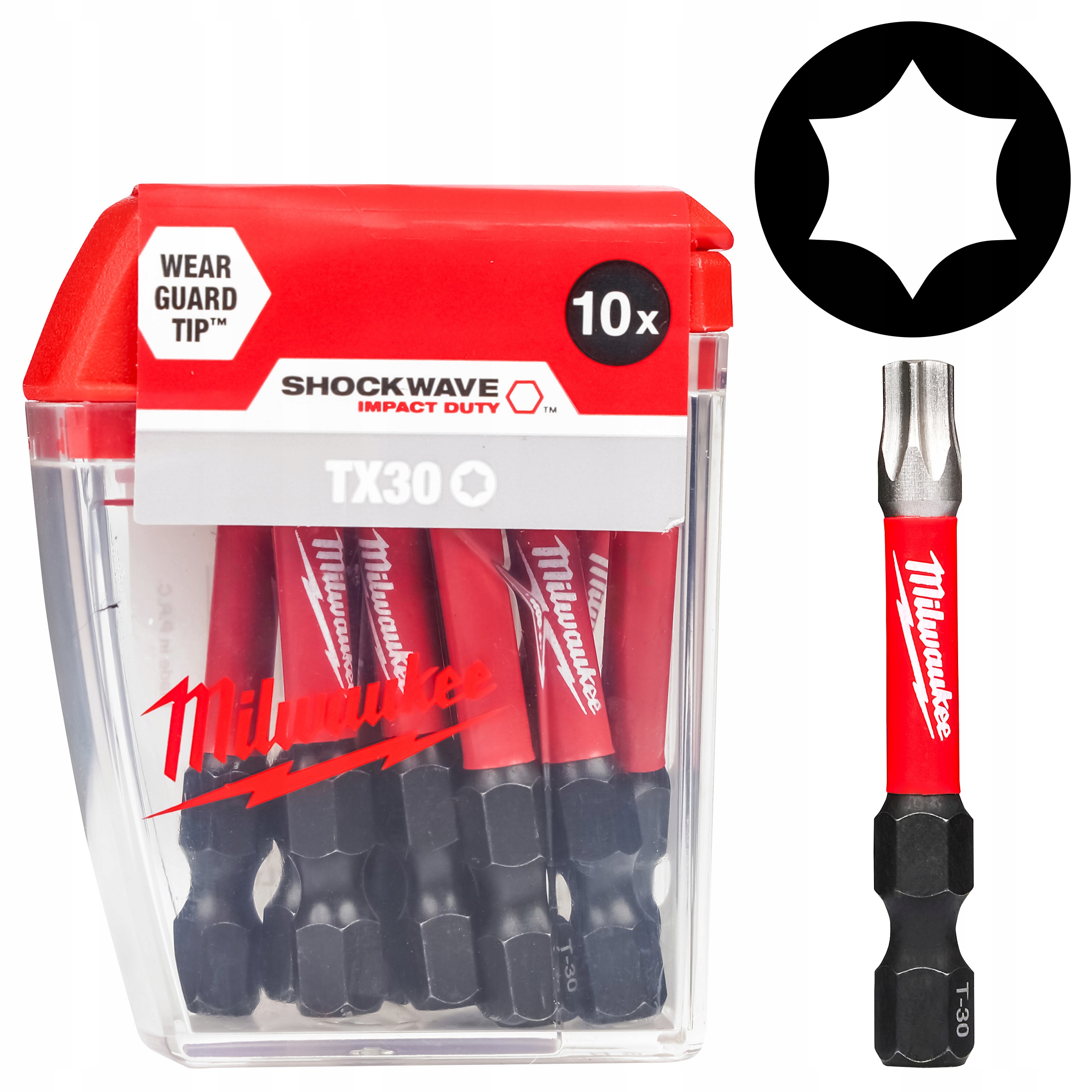 Bity udarowe Milwaukee Torx TX30, 50 mm 10 szt. Shockwave do zakrętarki