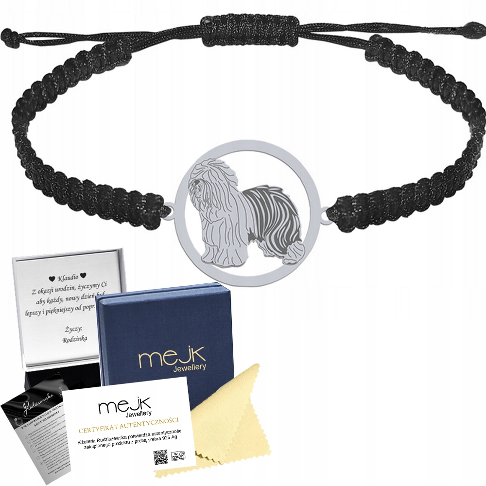 Stříbrný náramek ze staroanglického ovčáka Bobtail 925 Makramé Gravírování