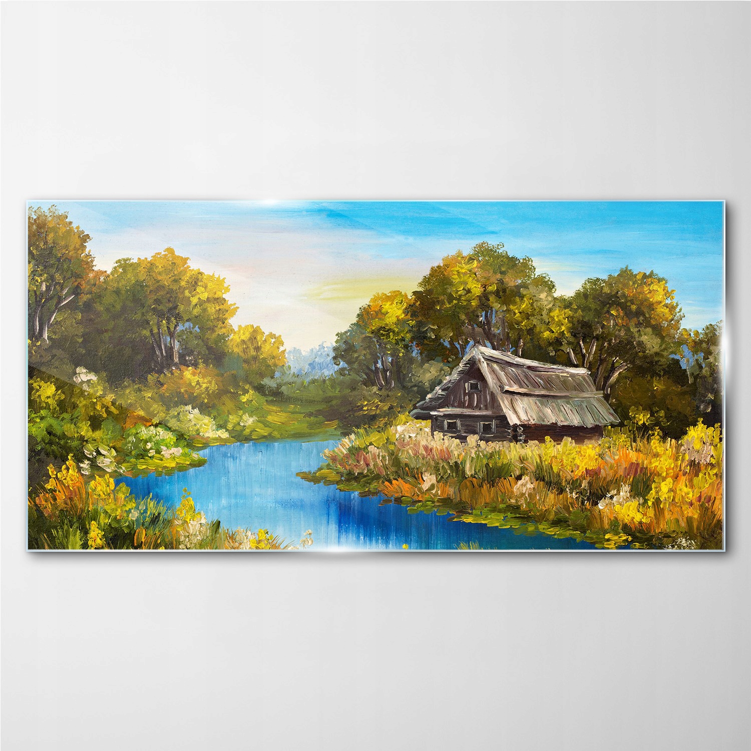 

Foto-obraz szklany Las rzeka niebo chata 140x70 cm