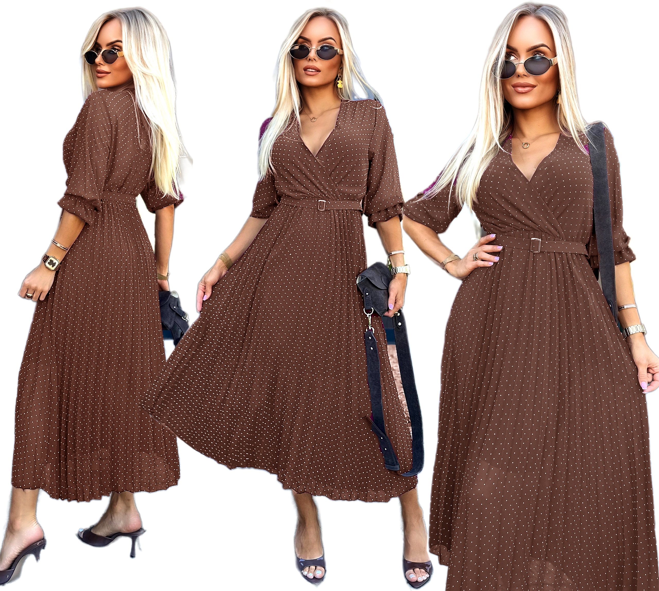 Hnědá elegantní plisovaná Šaty Dámská šifonová svatební hostina Laura