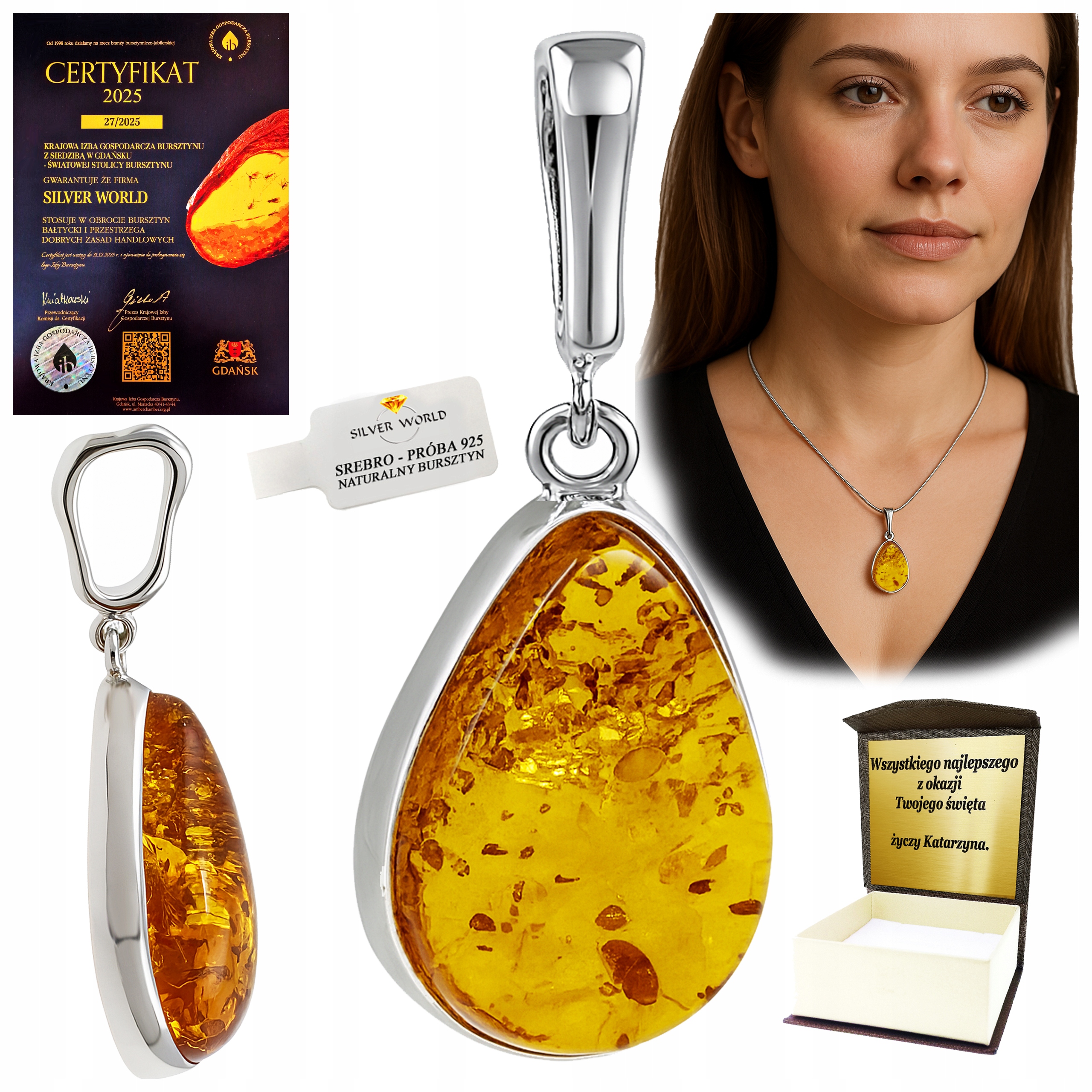 Stříbrný Přívěsek S Náhrdelníkem Z Koňakového Jantaru Jako Dárek Gravírování WB2