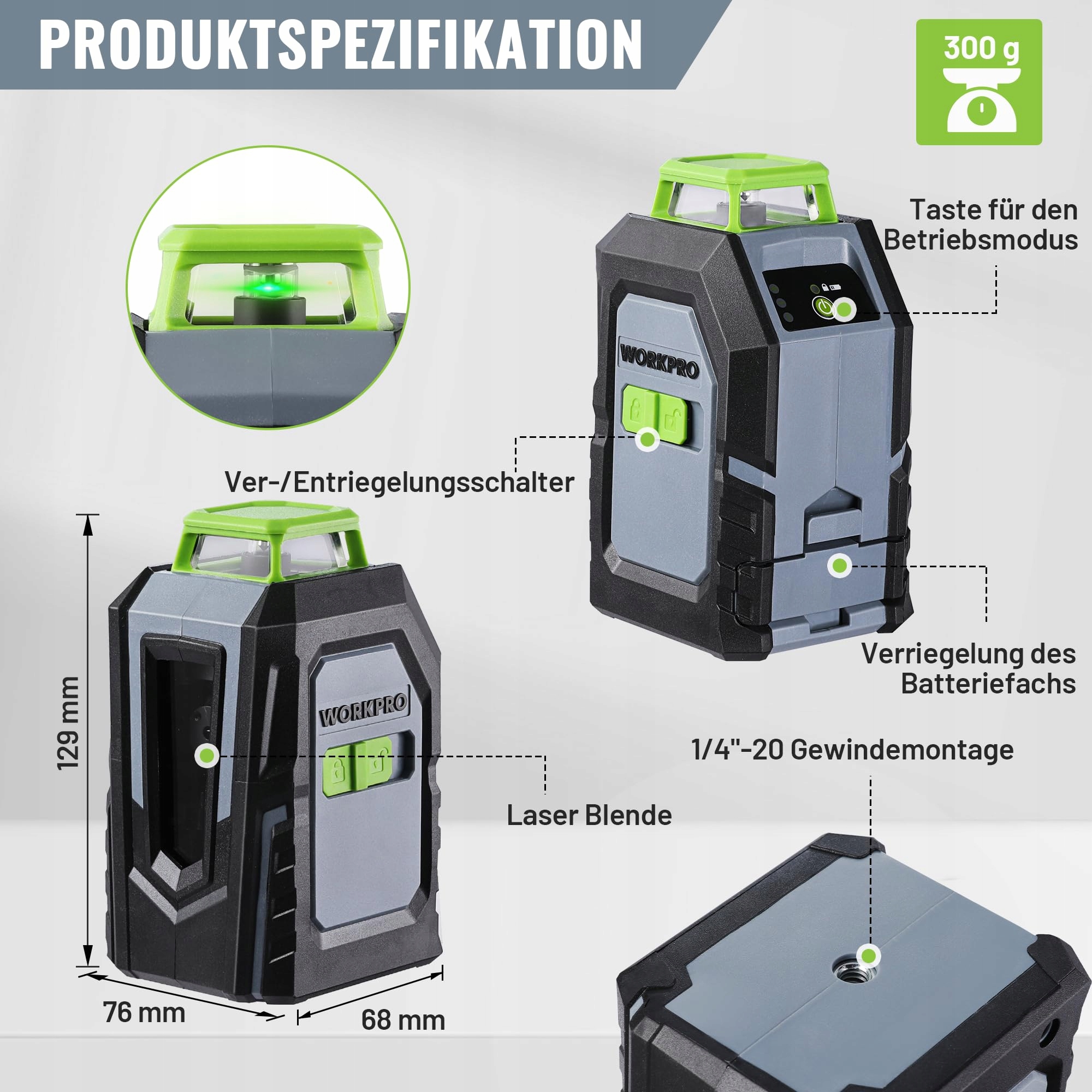 WORKPRO Laser Dalmierz 360 Zielony Krzyżowy 30m Poziomica — miniatura 2