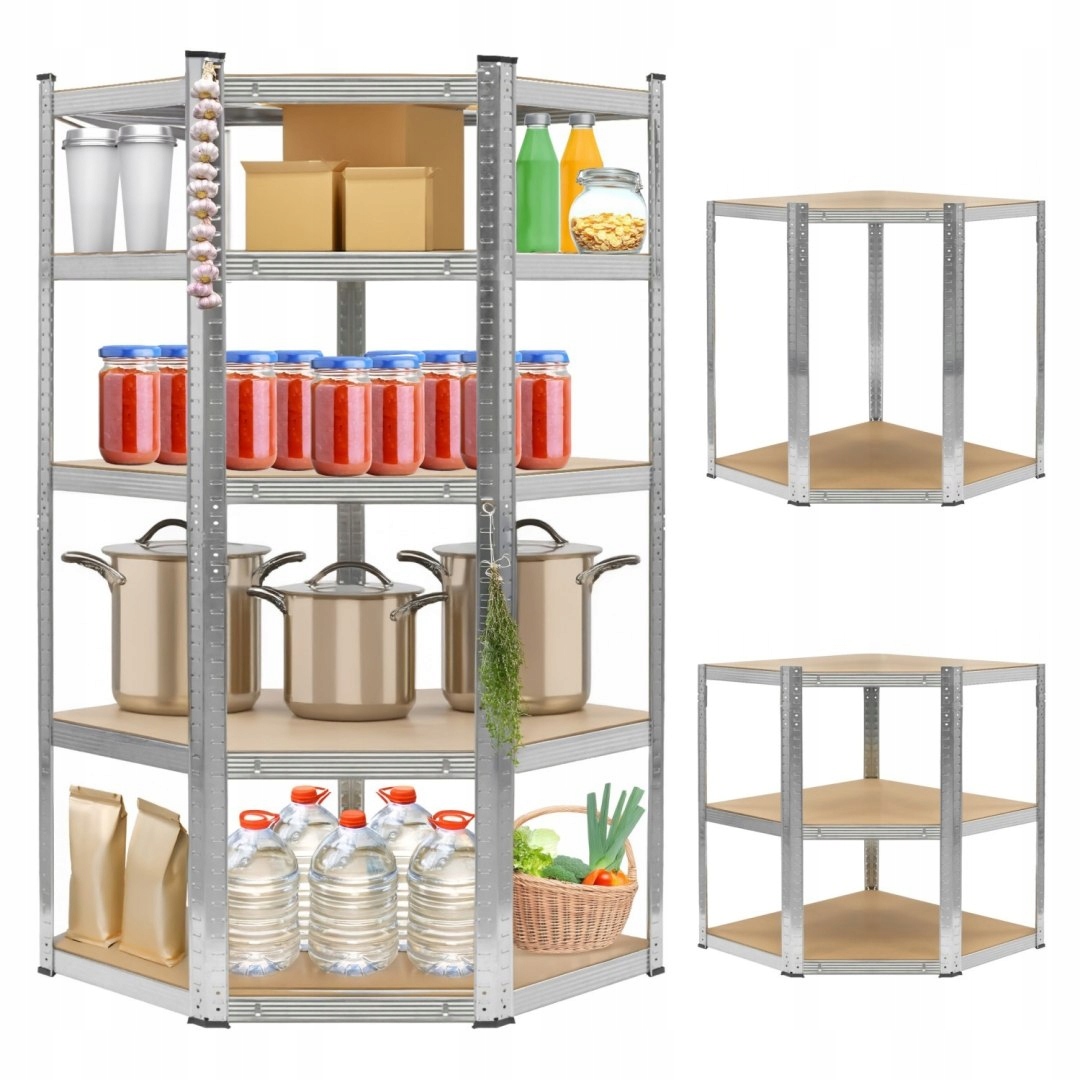 Rohový skladový regál kovový stříbrný 5 polic 2v1 180x90x90x40 cm Bauer