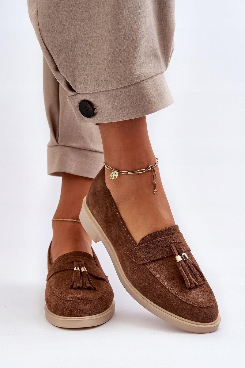 ZAZOO 3420 ZAMSZOWE MOKASYNY DAMSKIE NA PŁASKIM OBCASIE BRĄZOWE 39 Wzór dominujący bez wzoru