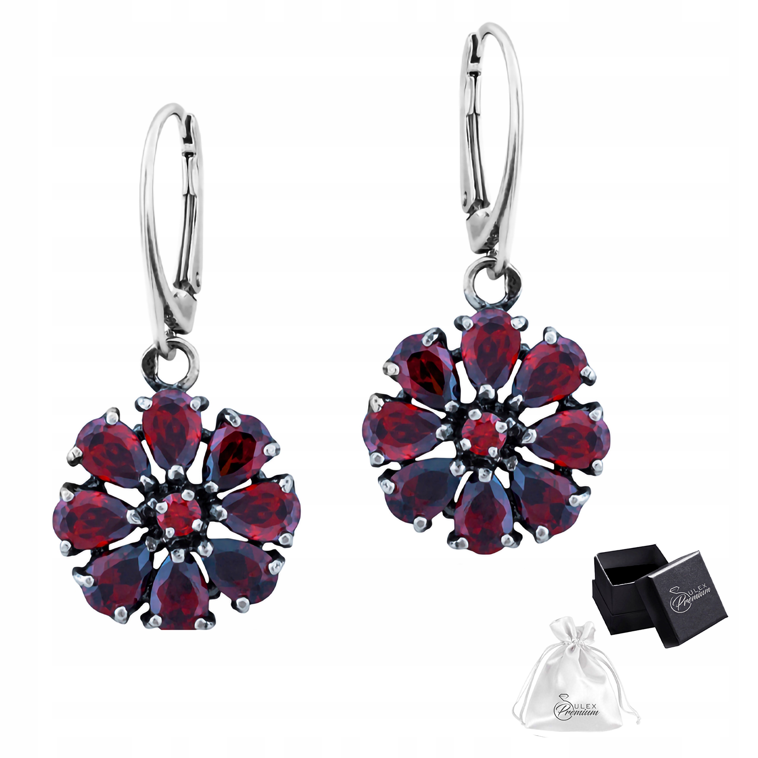 Stříbrné náušnice ryzost 925 Elegantní Náušnice Závěsné Motiv Květu Garnet