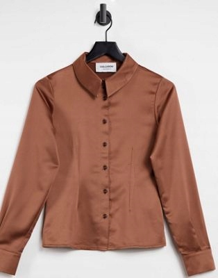 BRĄZOWA SATYNOWA DOPASOWANA KOSZULA DAMSKA 36 1DUP