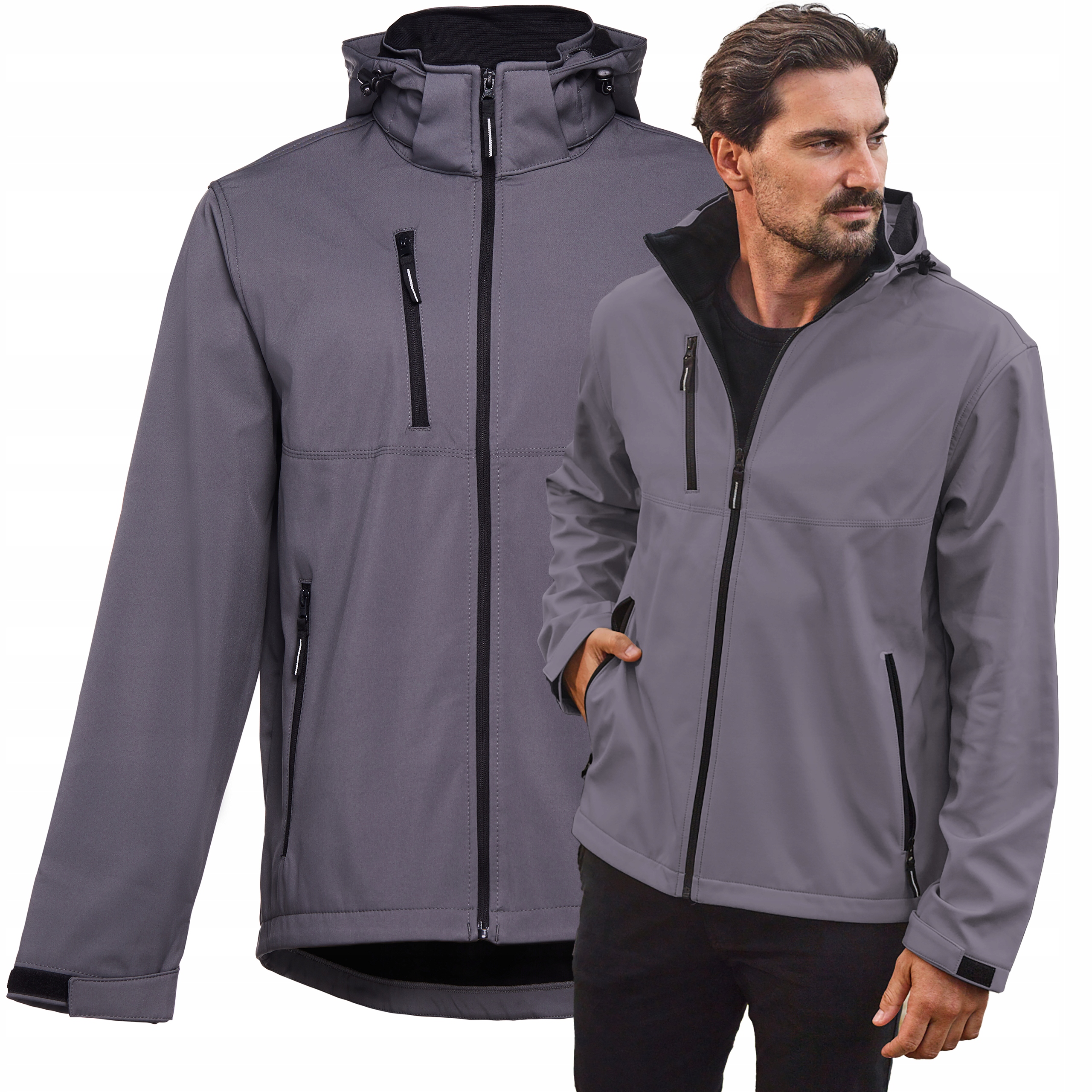 Pánská nepromokavá bunda Softshell s fleecem, odnímatelná kapuce, šedá, velikost L