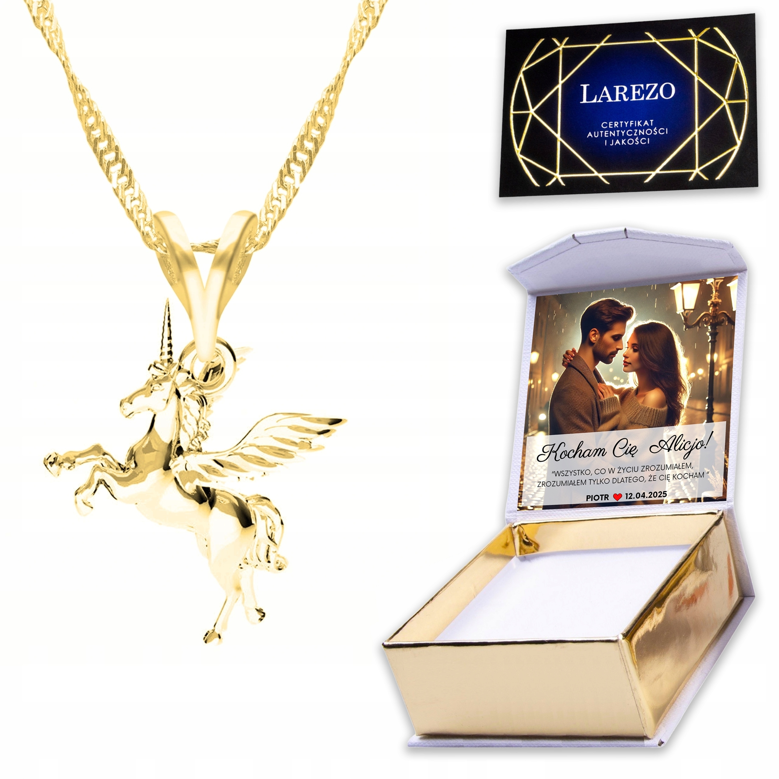 Zlatý náhrdelník 925 s jednorožcem Jednorožec Kouzelný kůň Potisk