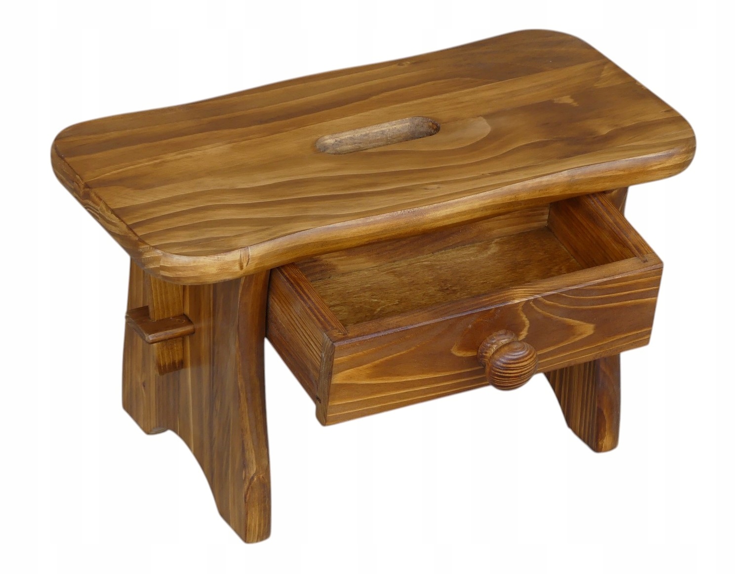 TABORECIK DREWNIANY TABORET MAŁY NISKI RYCZKA Z UCHWYTEM I SZUFLADKĄ DĄB Marka Metdrew