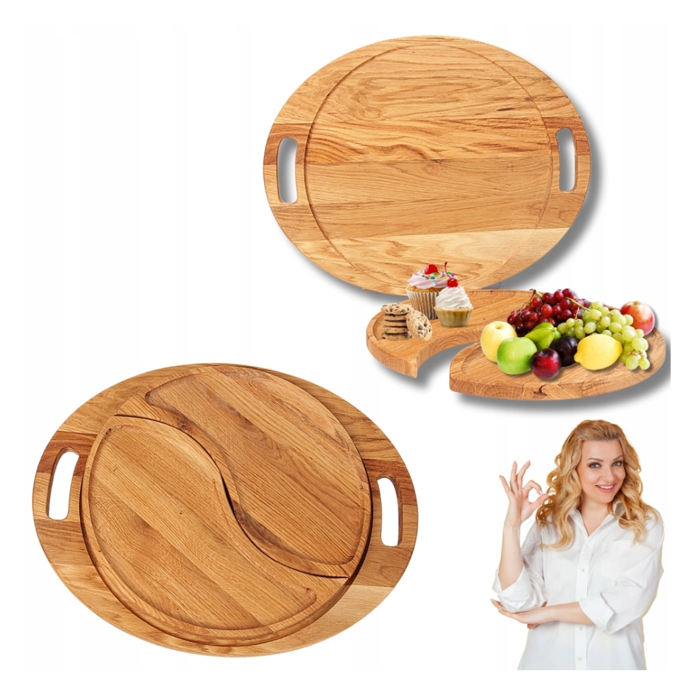 Velká Dubová Servírovací Deska „ying-yang“ S 3-DÍLNÝMI Úchyty