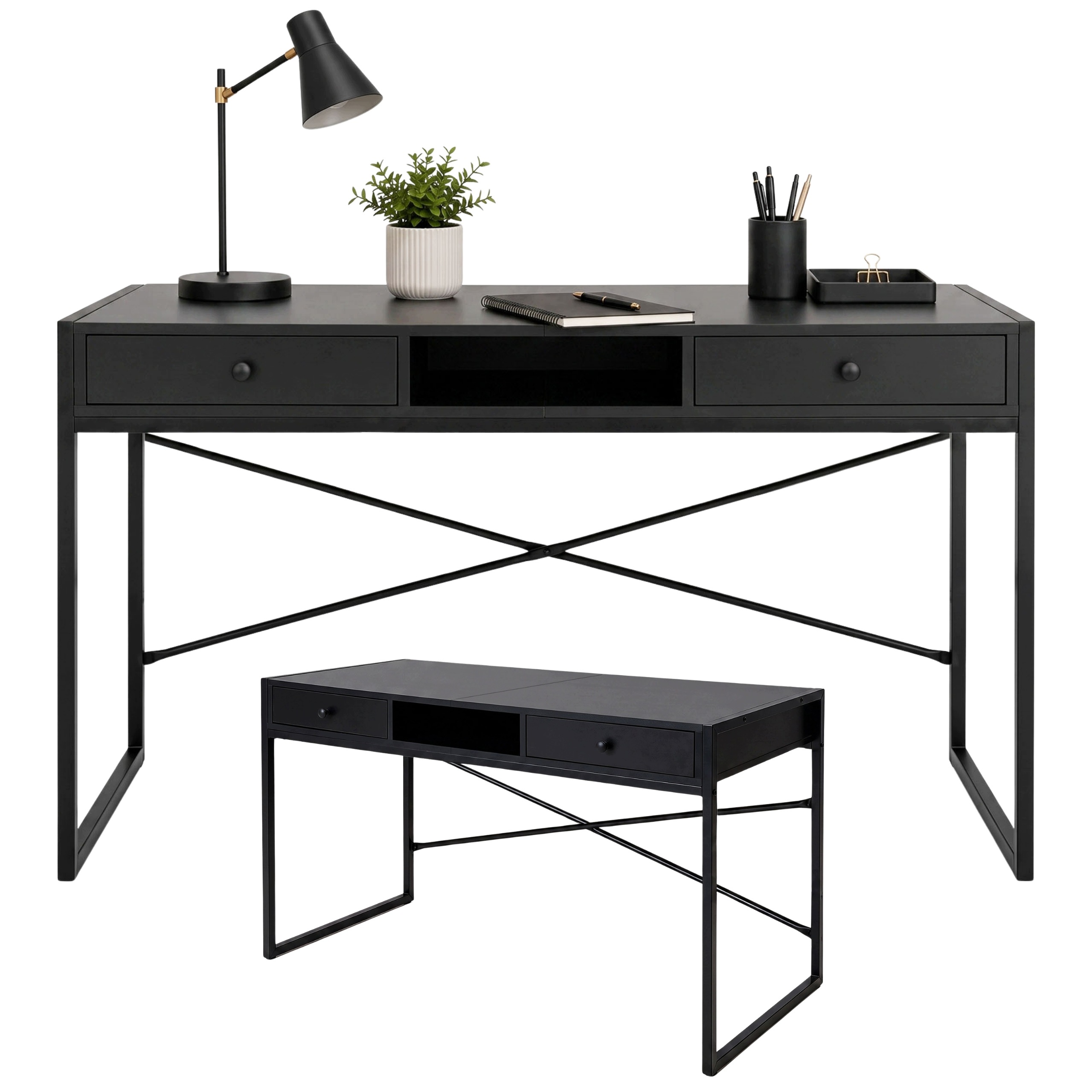 Biurko Komputerowe Nowoczesne 2 Szuflady Czarne 123 cm