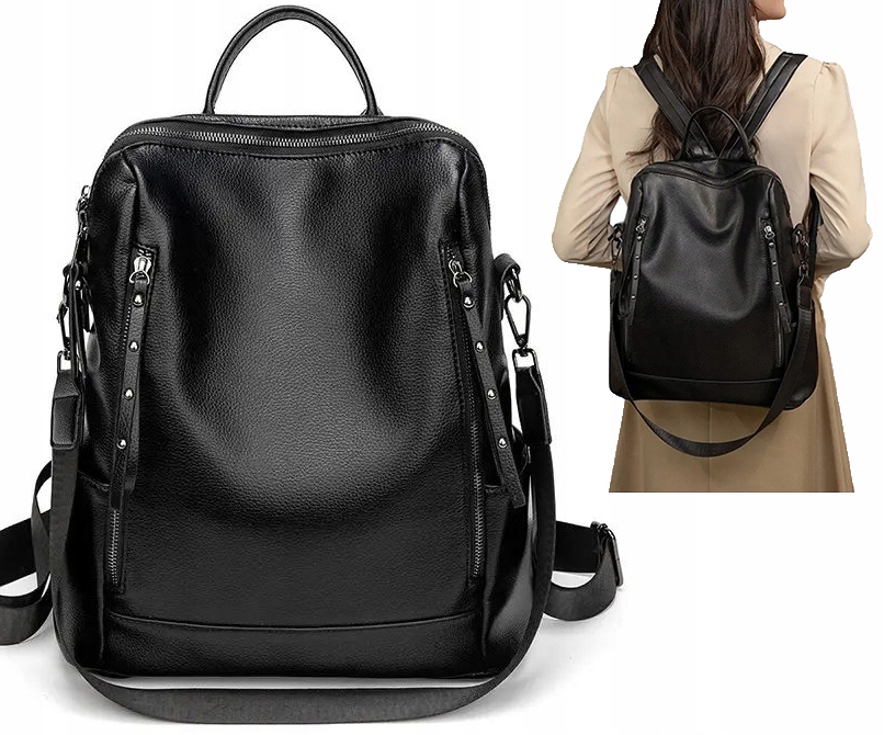 2w1 Plecak Damski Torebka Czarny Kieszeń Wielofunkcyjny Jakość