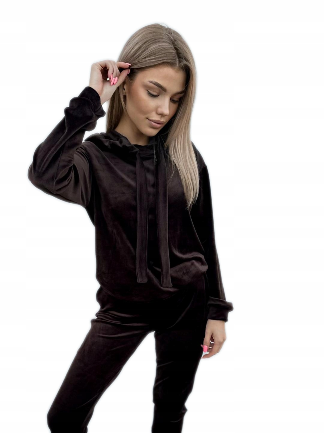 Piękny czekoladowy komplet dresowy welur dresy welurowe bluza z kapturem Xs