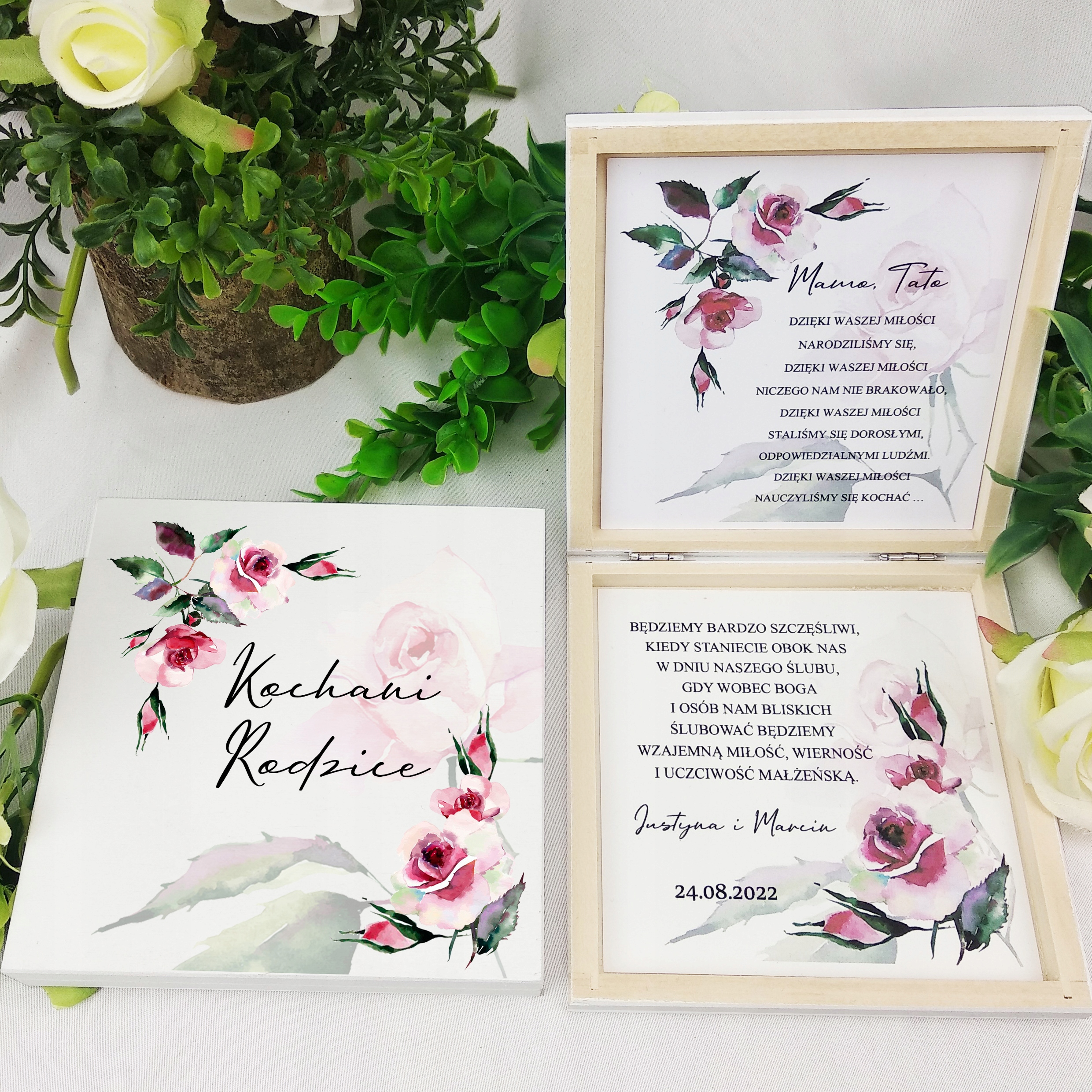 PUDEŁKO DREWNIANE ZAPROSZENIE DLA RODZICÓW NA ŚLUB WESELE AKWARELA Szerokość produktu 14.5 cm