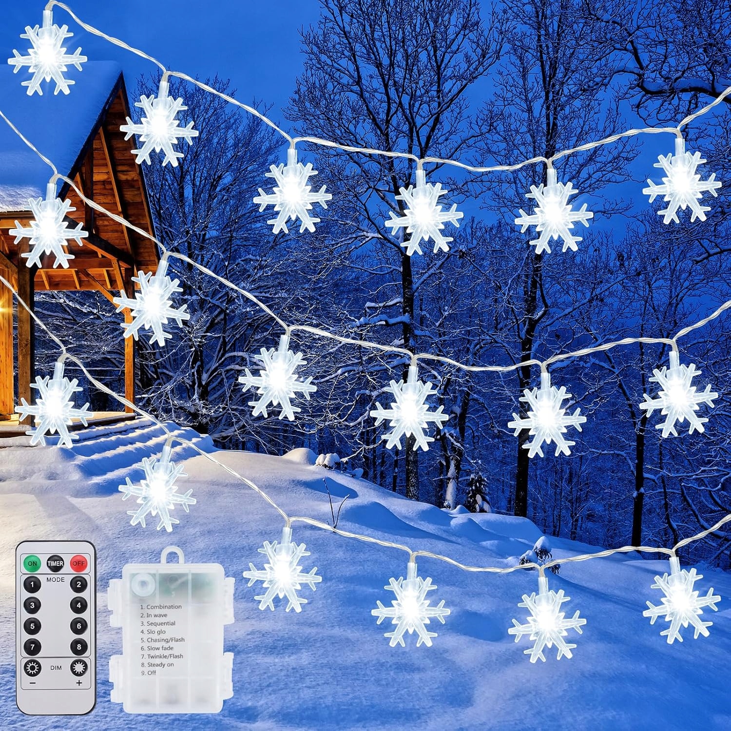 Led světelný řetěz do interiéru, 6 m, 40 Led, sněhová vločka, 8 režimů