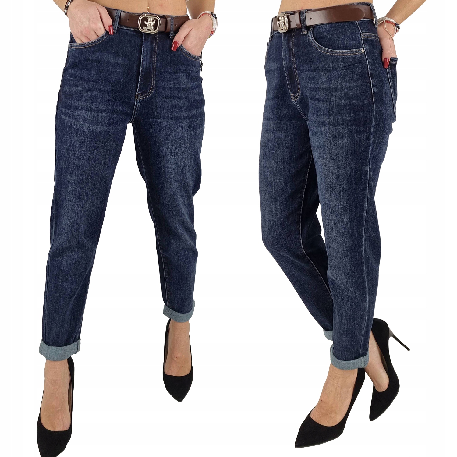 Dámské Džínové Kalhoty Mom Fit Volnější Nohavice Tmavě Modré Pásek Bonus