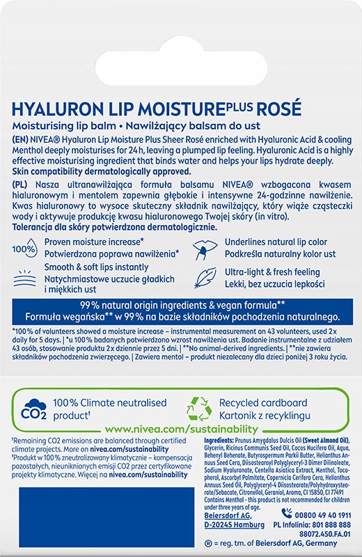 NIVEA HYALURON MOISTURE PLUS Balsam pomadka ochronna do ust 5,2g EAN (GTIN) 4005900996619