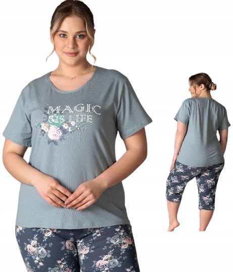 Pyžamo Magic Is Life Tričko Tmavě Modré Rybářky Celé S Růžemi 3XL