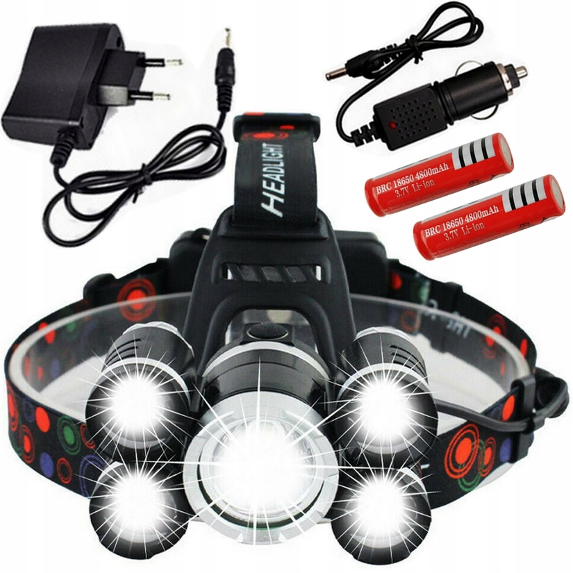 

Mocna Latarka Czołowa 5 x Led T6 Cree Czołówka Aku