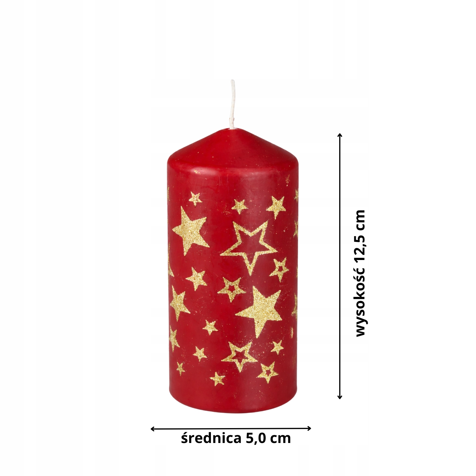 Świeca ozdobna walec – czerwona ze złotymi gwiazdami,12,5 cm, Ø5,0cm, 250g