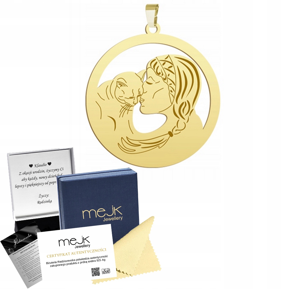 Přívěsek Zlatá žena s kočkou 925 Dárek Šperky Žena Gravírování Bonus