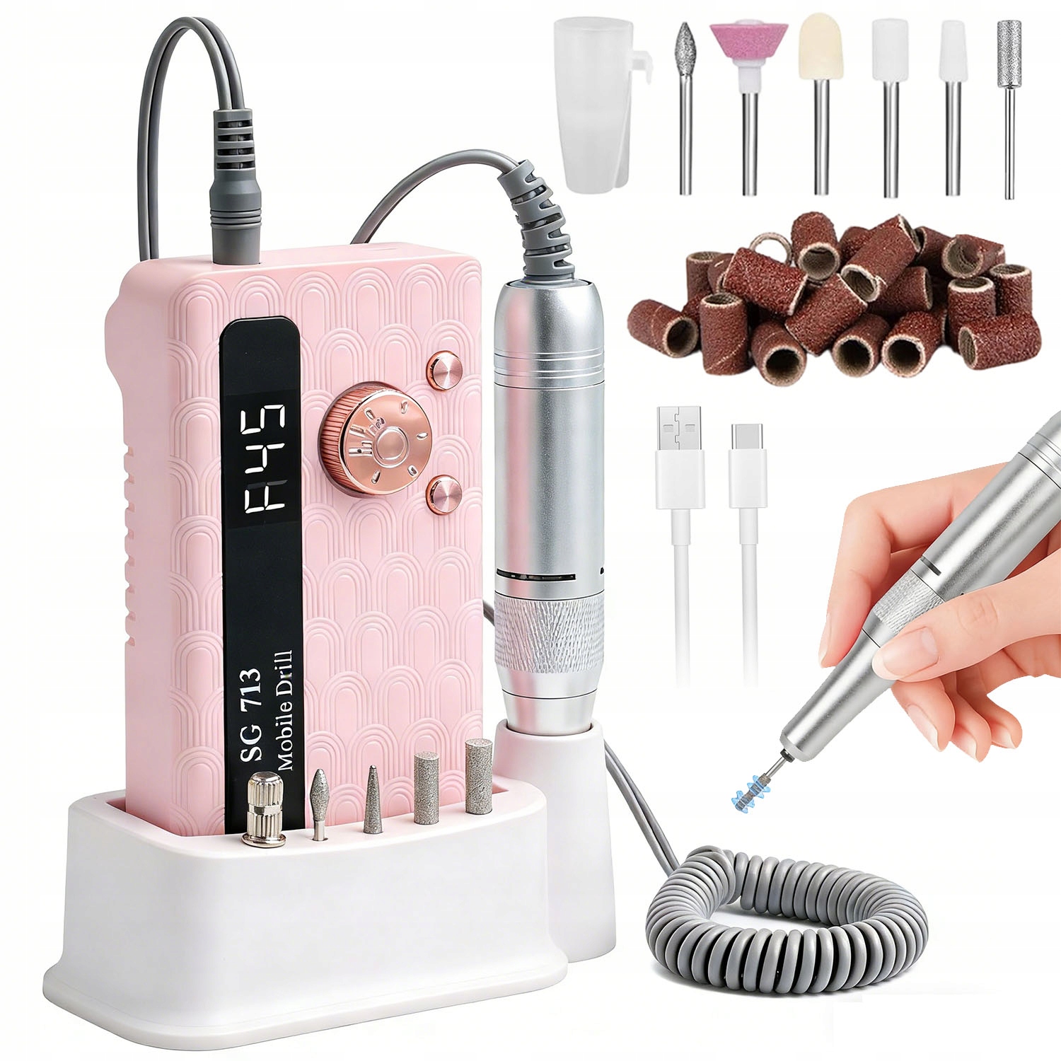 Bruska Na Nehty Výkonná 36W Profesionální Růžová 3600 Mah Přenosná