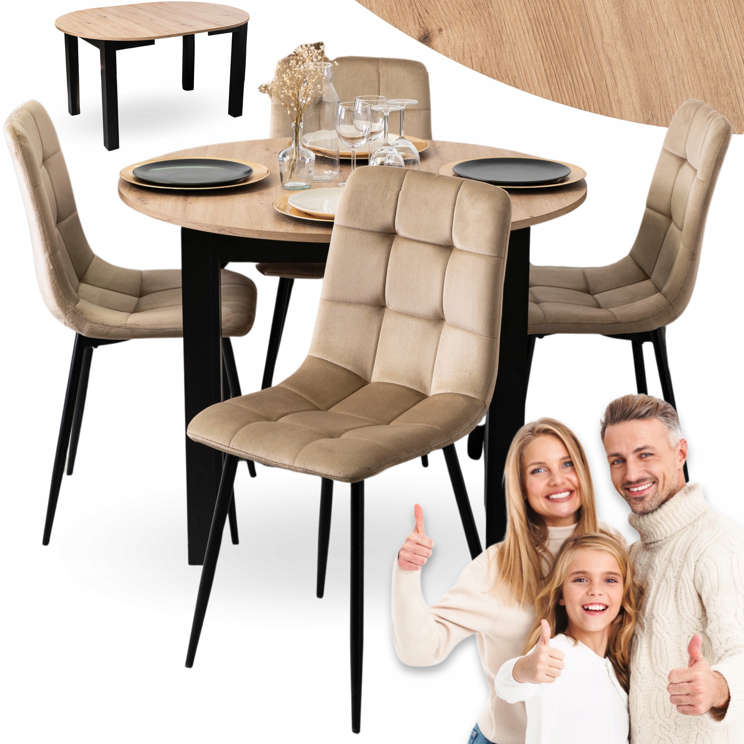 Rozkládací stůl Kulatý Kuchyňská židle Sada Čalouněná Béžová 4x