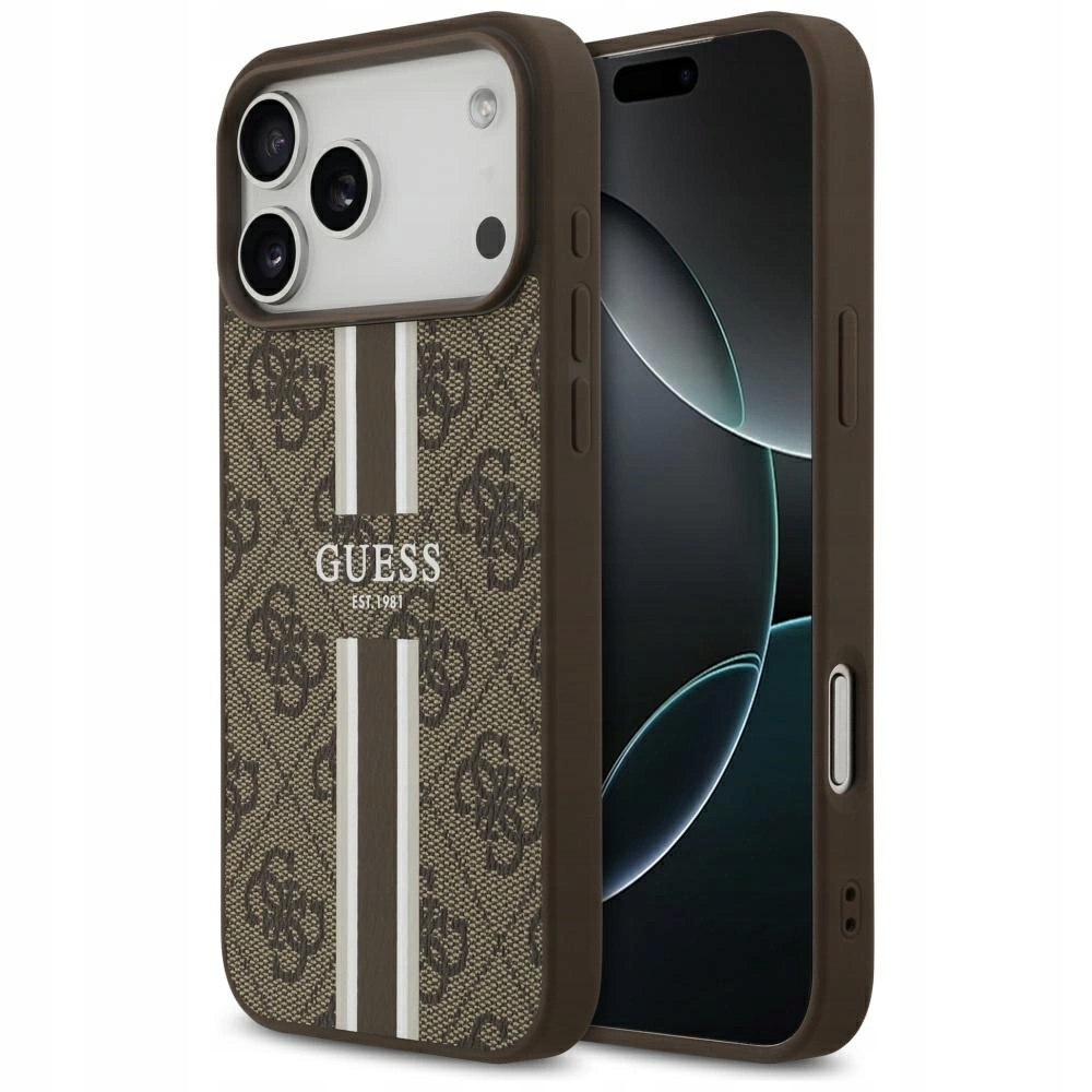 Pouzdro Guess 4G Printed Stripes MagSafe pro iPhone 17 Pro Max hnědé