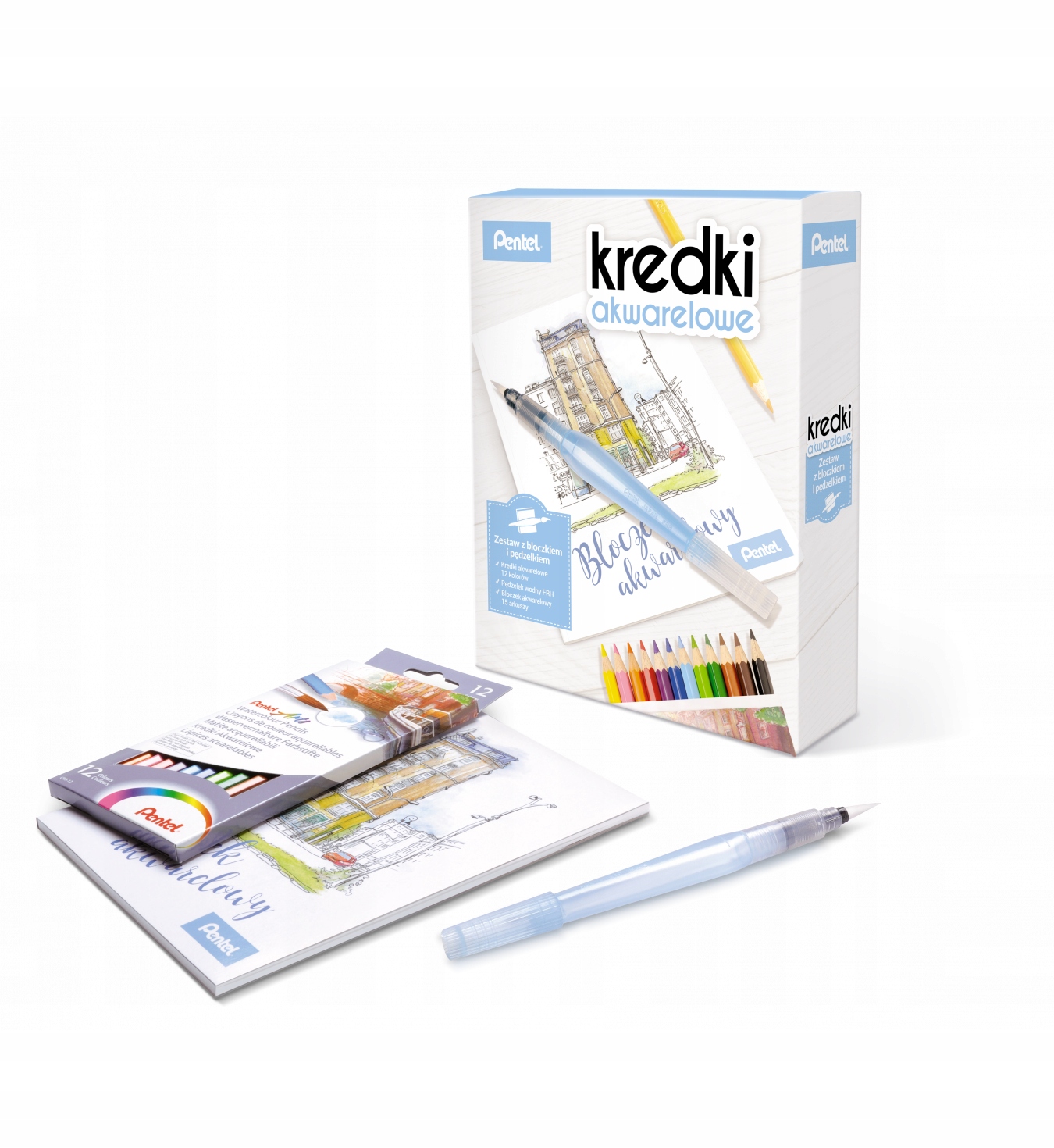 Kredki Pentel + Bloczek + Pędzelek ZESTAW