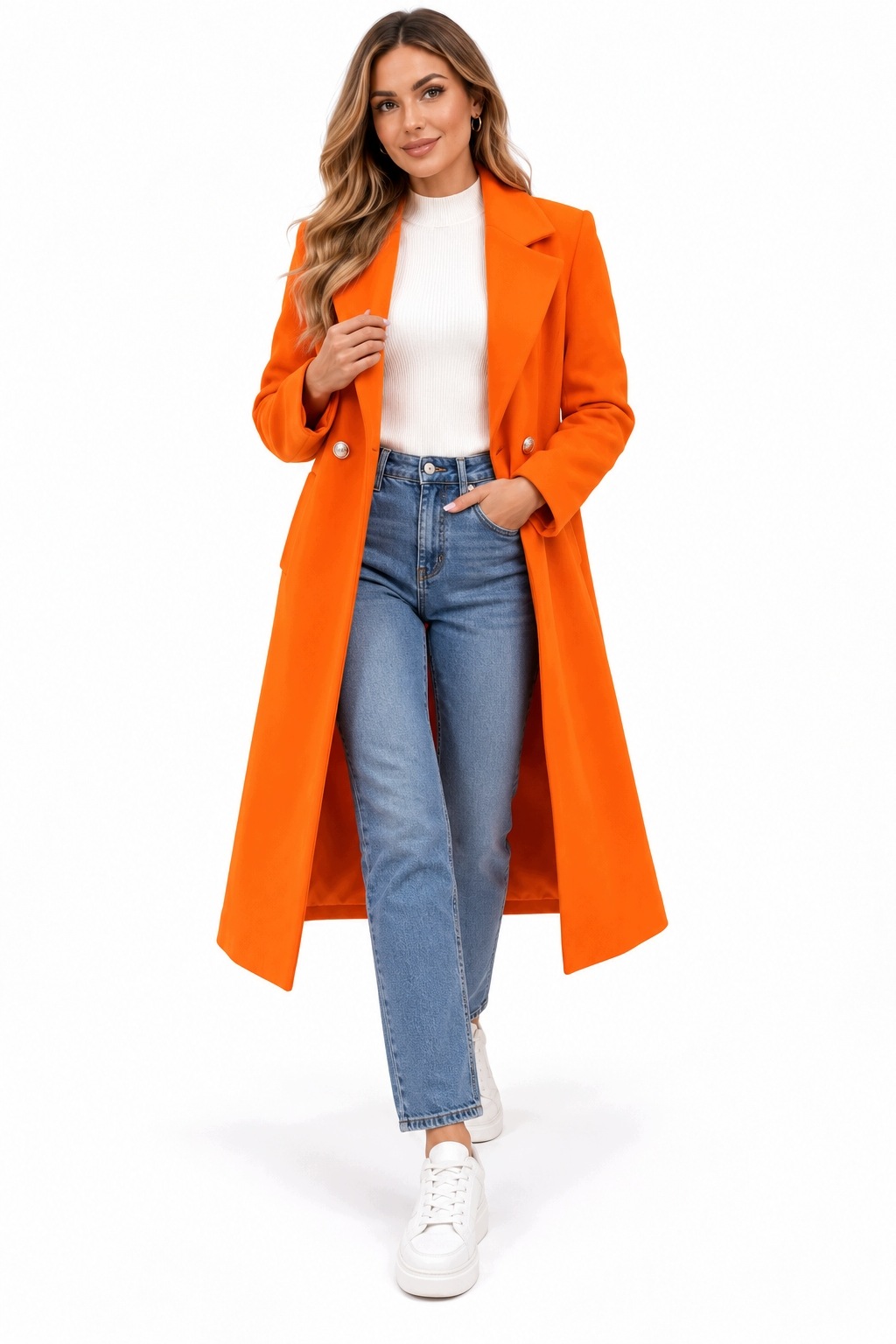 0008 Dámský kabát dlouhý, elegantní, dvouřadý, klasický oranžový