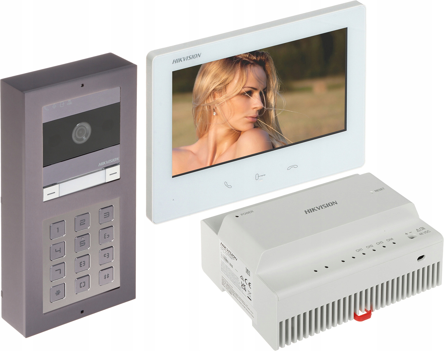 Zestaw wideodomofonowy Hikvision DS-KIS704EY-ACW2 na tle szarego tła