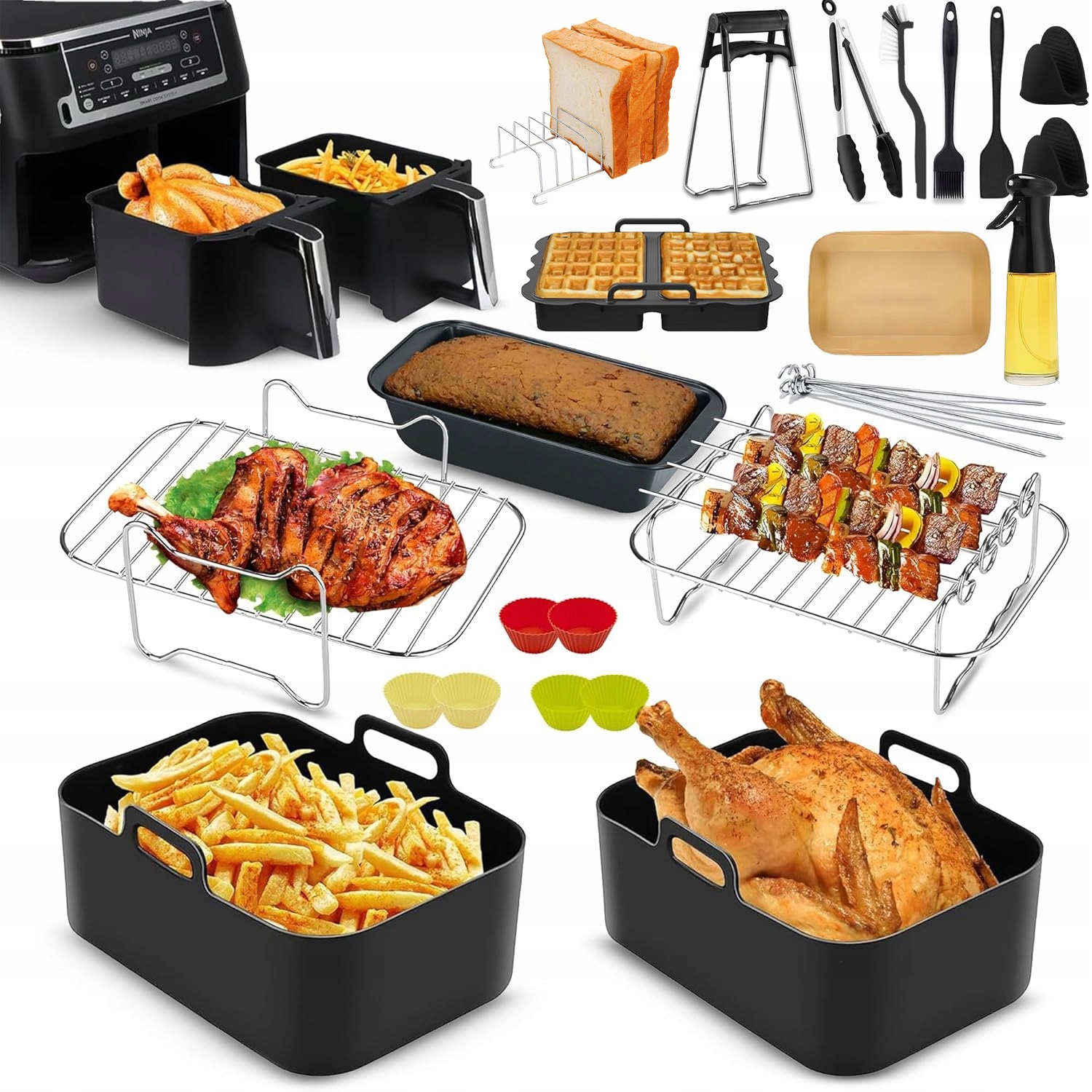 Příslušenství k horkovzdušné fritéze včetně silikonové formy, rozprašovače oleje, grilovací mřížky