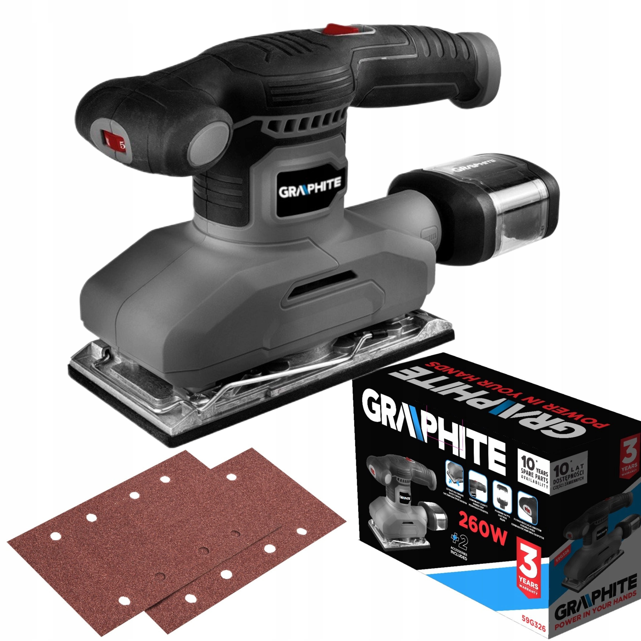 GRAPHITE SZLIFIERKA OSCYLACYJNA 260W 90x187MM PAPIER POJEMNIK NA PYŁ 59G326 Moc 260 W