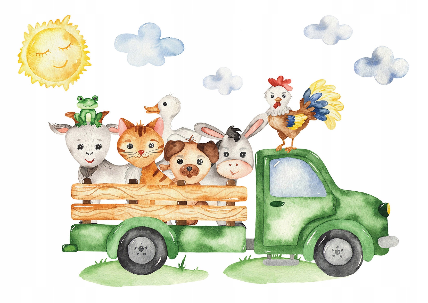 Vliesová fototapeta Zelený voz s zvieratkami pre deti 300x210 lepidlo