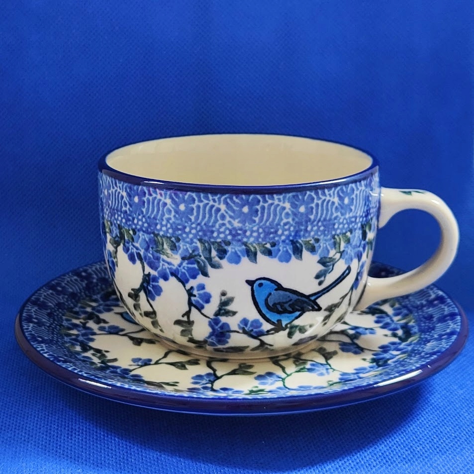 Filiżanka ze spodkiem, 200 ml, Ptak, Ceramika Artystyczna Bolesławiec.