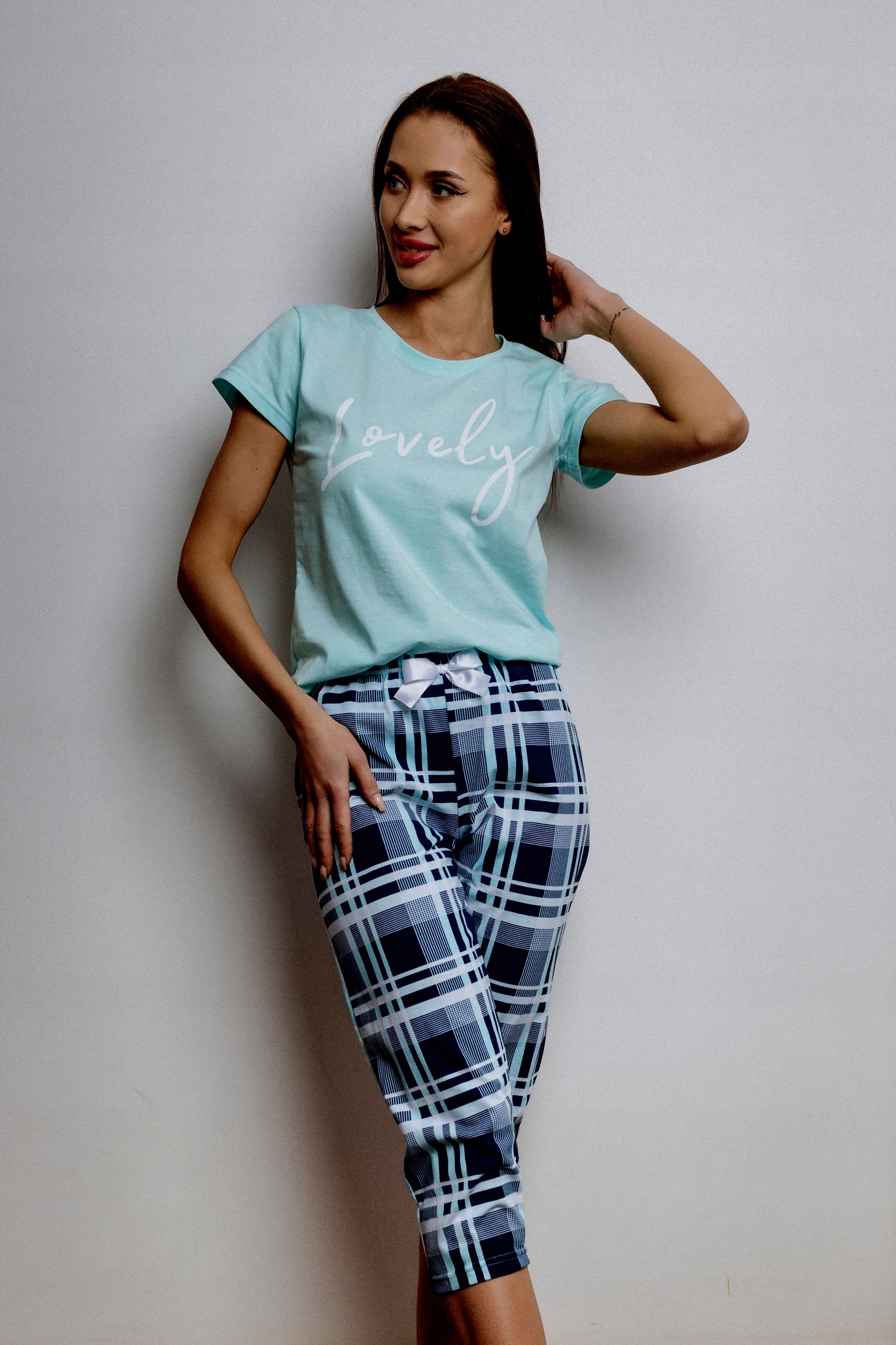 Dámské Bavlněné Pyžamo Kuba Máta Mřížka