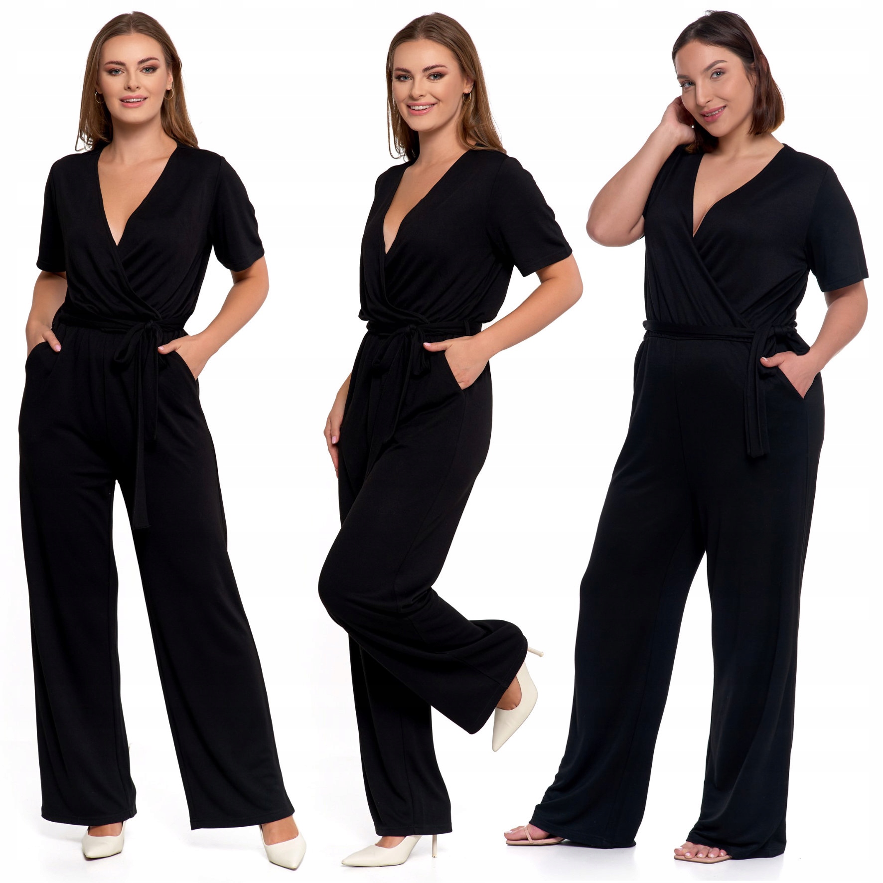 ELEGANCKI KOMBINEZON DAMSKI KRÓTKI RĘKAW DŁUGIE SPODNIE GŁADKI MORAJ