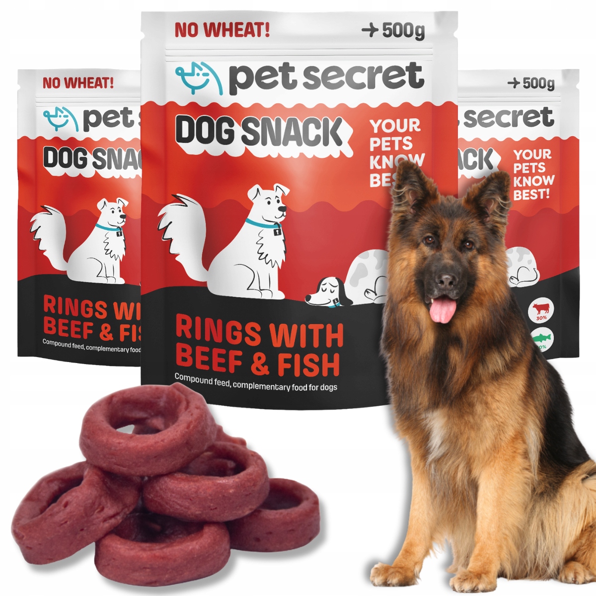 Příchutě pro psa 3x500 g Masové kroužky s hovězím a rybou Pet Secret