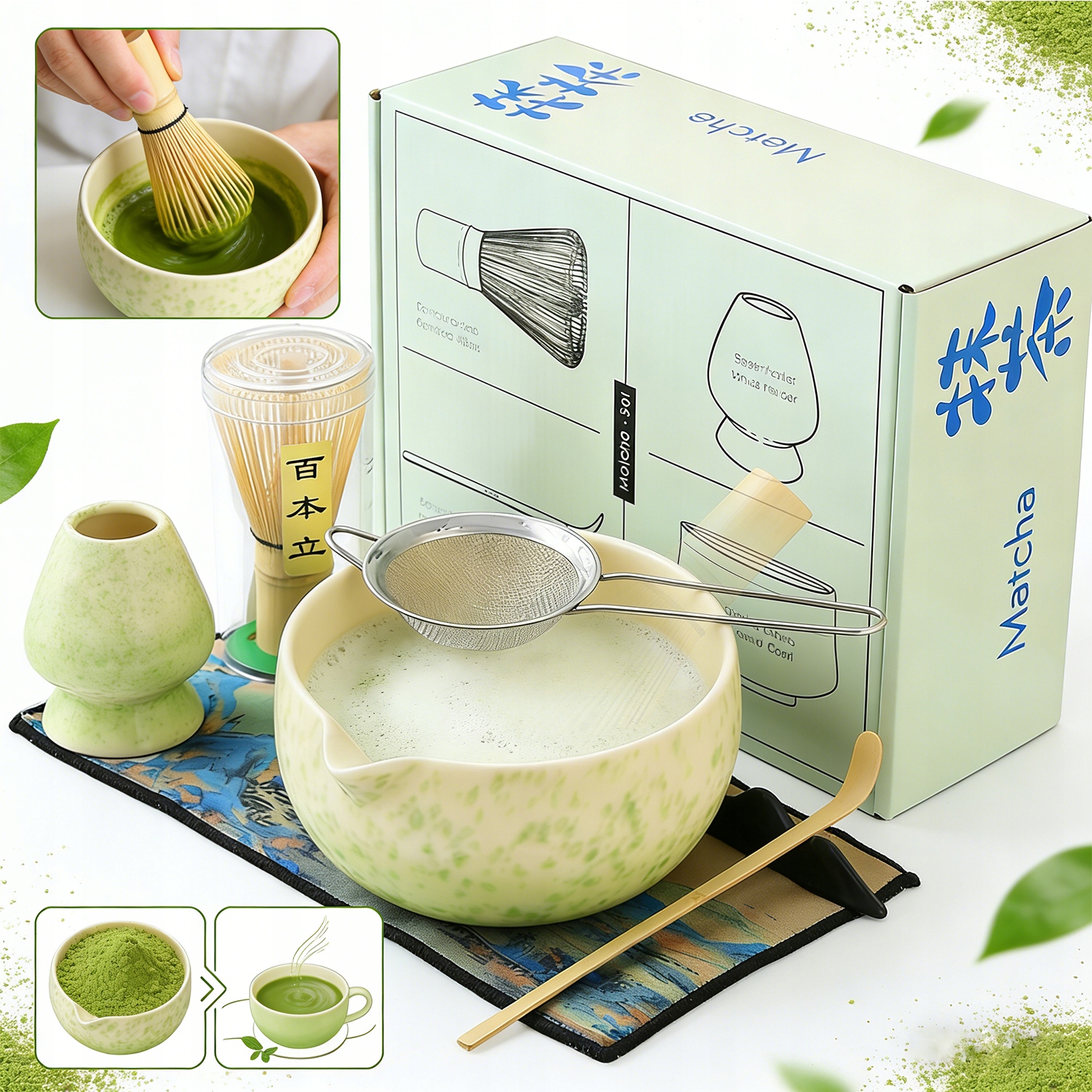 Bambusowy Zestaw Do Robienia Matchy Trzepaczka Łyżka Chasen, Miotełka 7W1