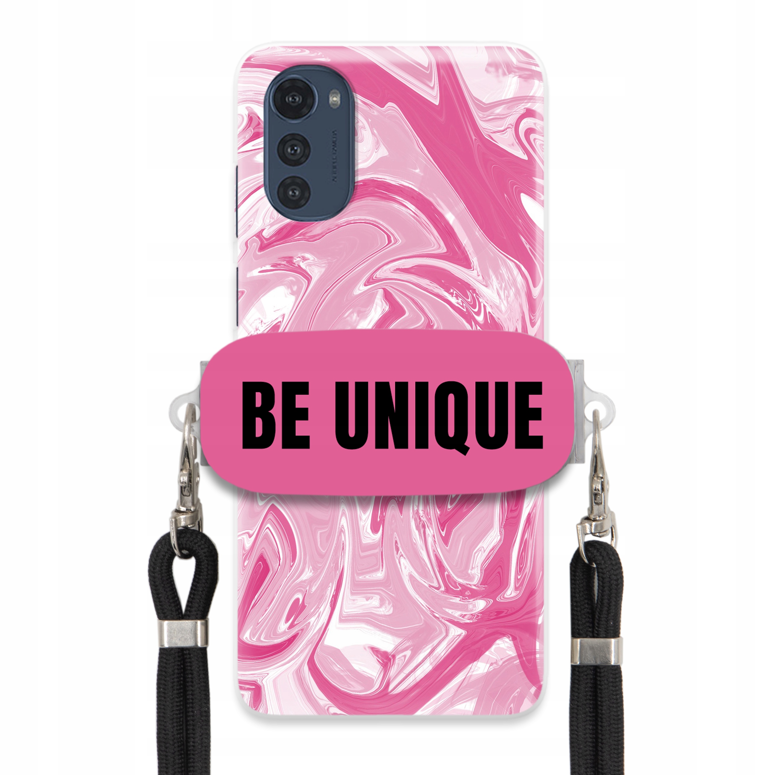 Puzdro pre Motorola E32 držiak na šnúrku Čierna Ružová Mramor Be Unique