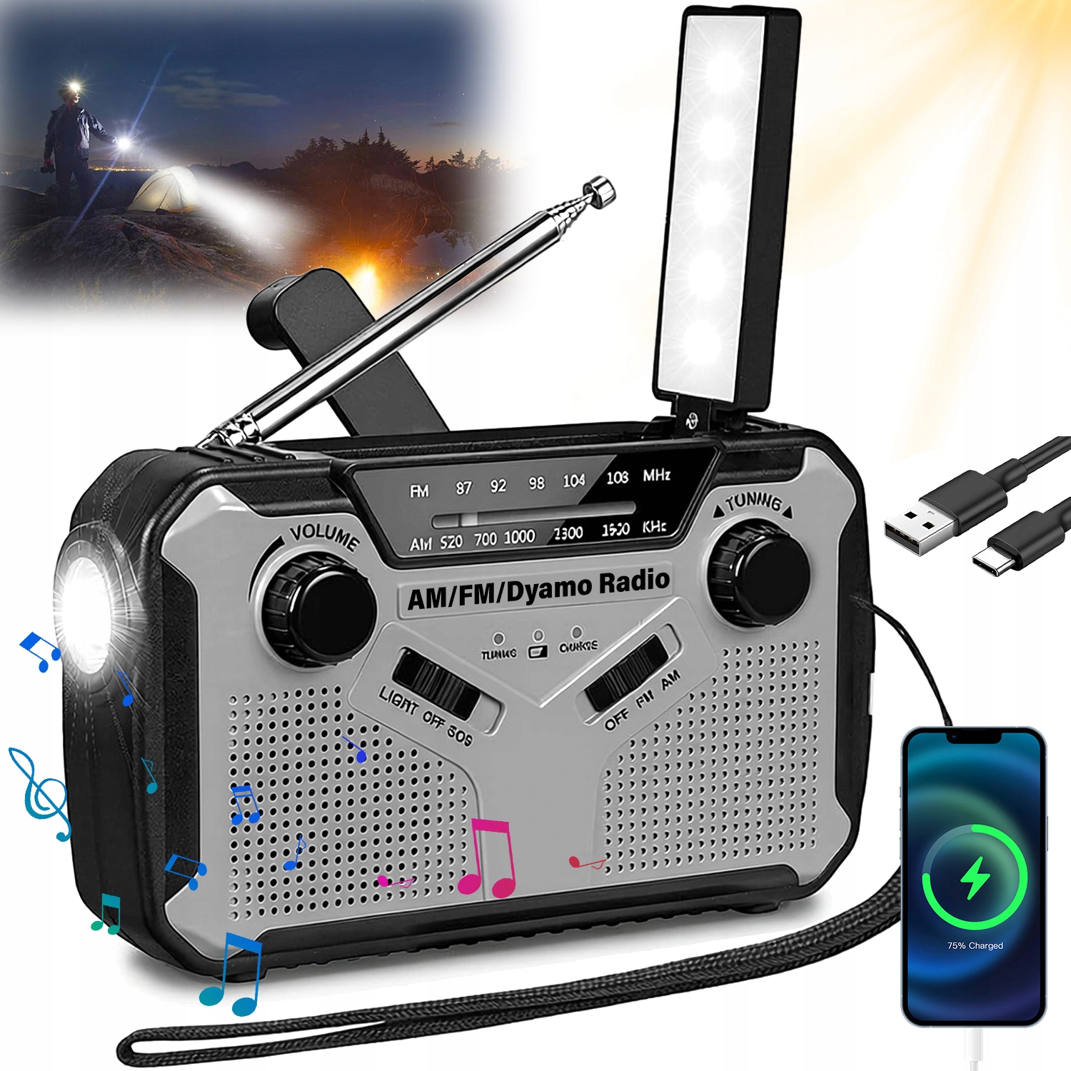 Přenosné Nouzové Rádio Fm/am Solární S Klikou Powerbanka Svítilna Dynamo